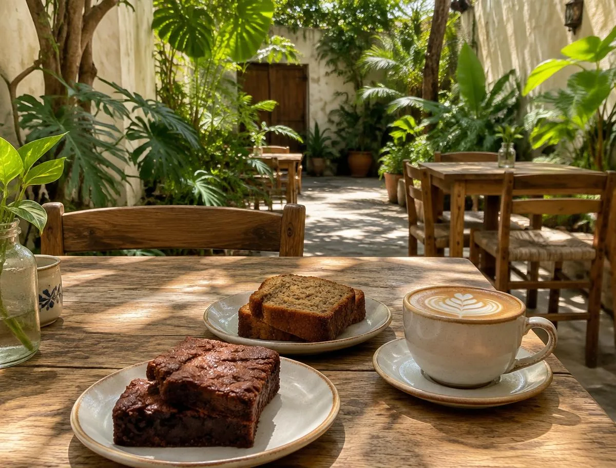 Illustrative leafy café courtyard with wooden tables, brownies, banana bread and latte art
